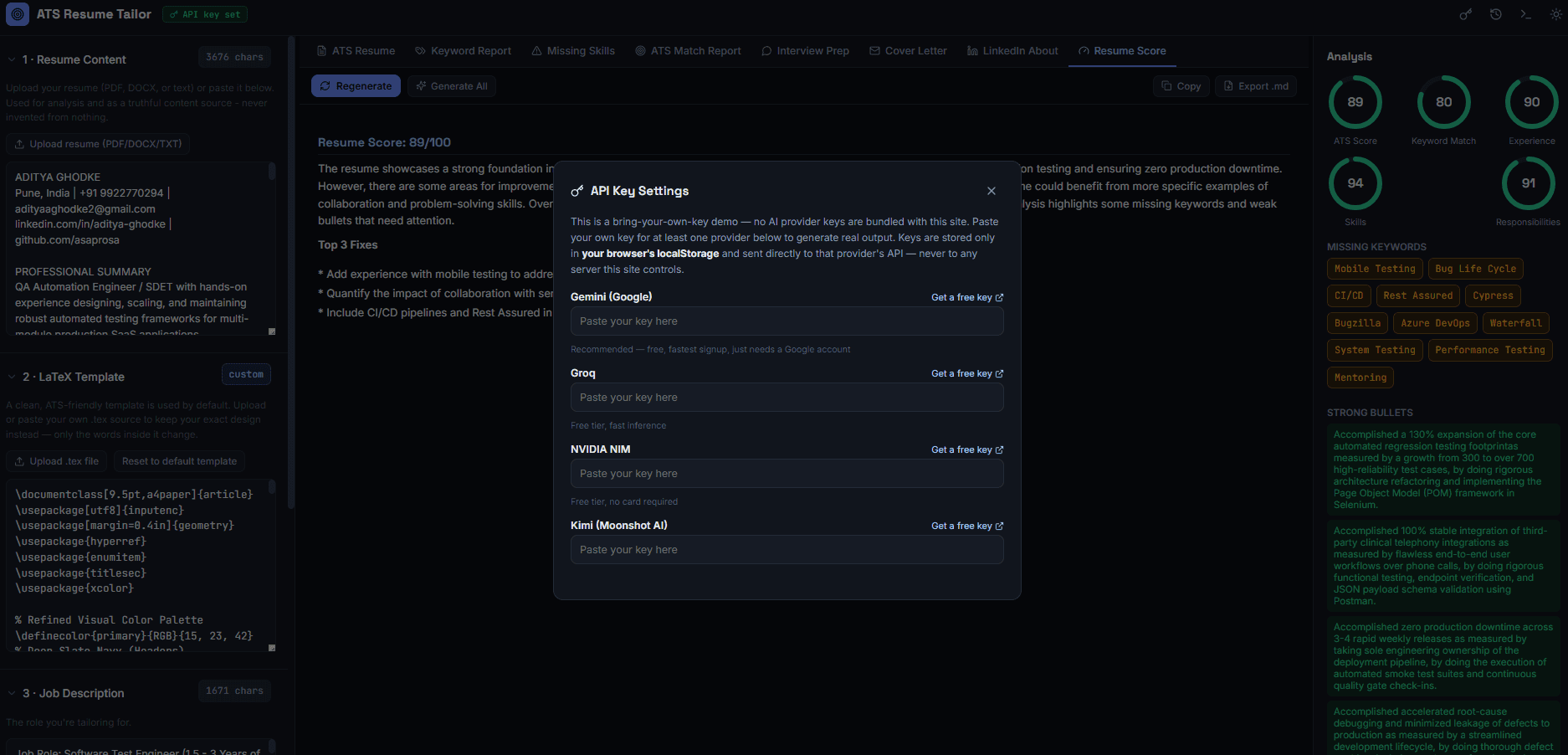 ATS Resume Tailor — API Key Settings modal explaining the bring-your-own-key model across Gemini, Groq, NVIDIA NIM, and Kimi