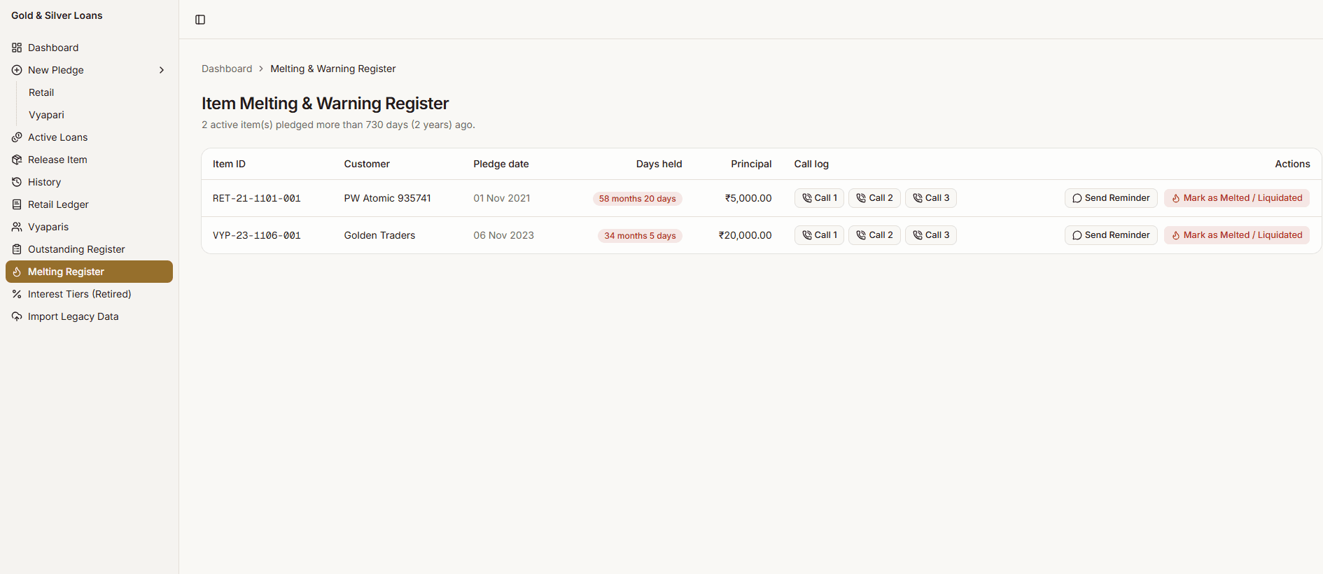 Gold & Silver Loan Management System — melting/warning register