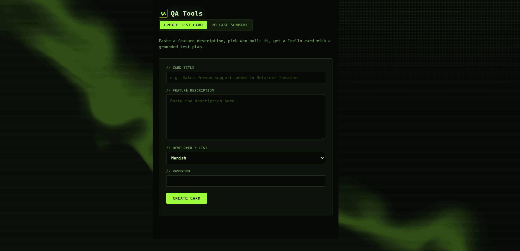 QA Tools — Create Test Card view, generating a Trello card with a grounded test plan from a pasted feature description
