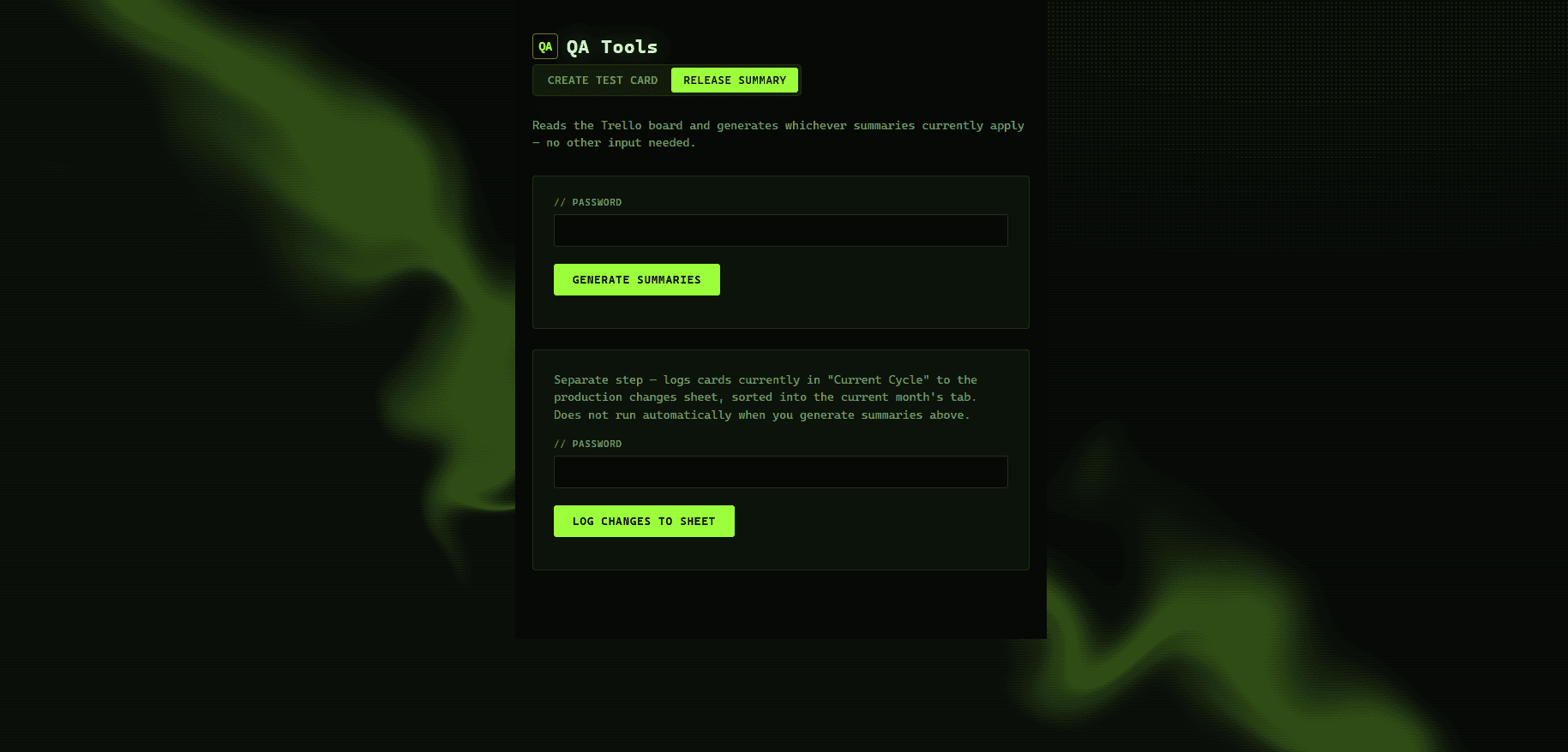 QA Tools — Release Summary view, reading the Trello board and generating release summaries plus a production changes log