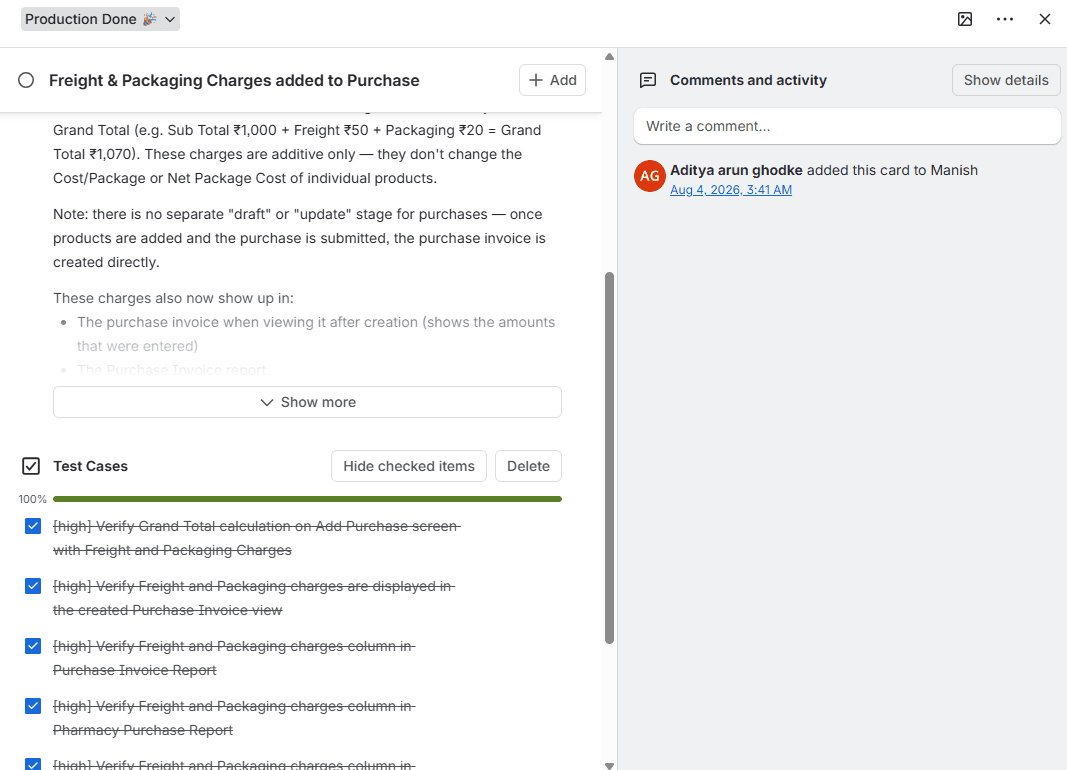 The resulting Trello card — a generated test plan checklist, fully completed, tied to a real production feature