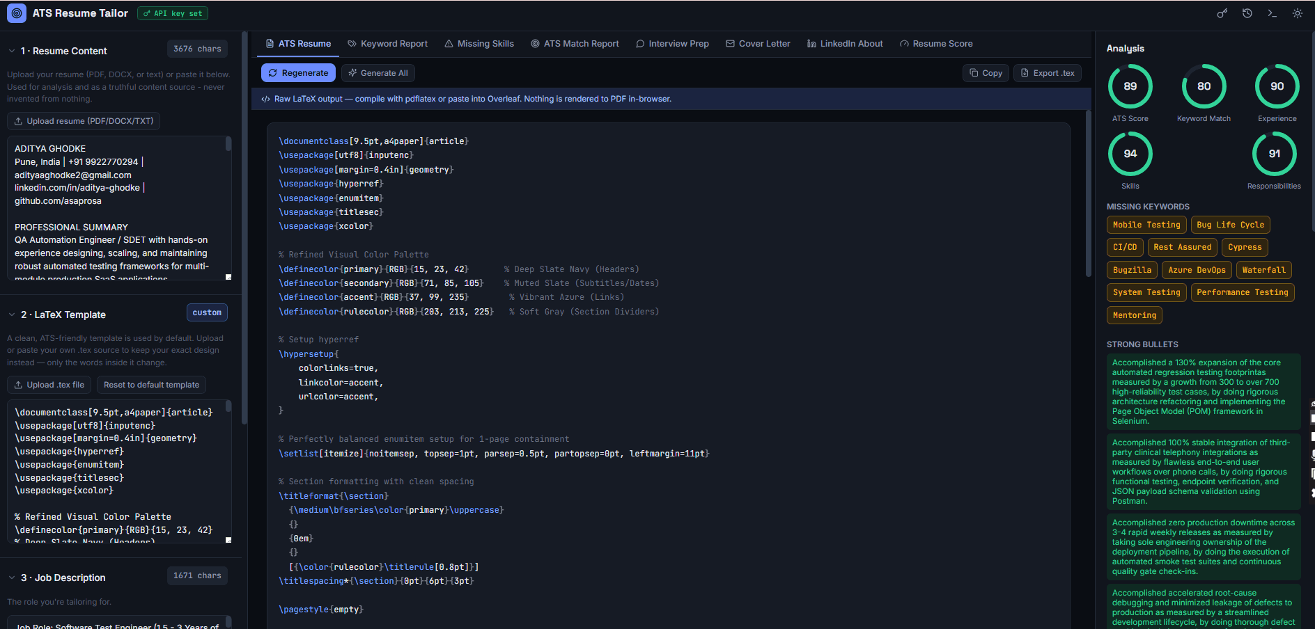 ATS Resume Tailor — ATS Resume tab showing the generated LaTeX resume alongside ATS score, keyword match, and skills gauges